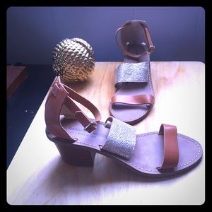 Two-Toned Brown & Silver Block Heel Sandals